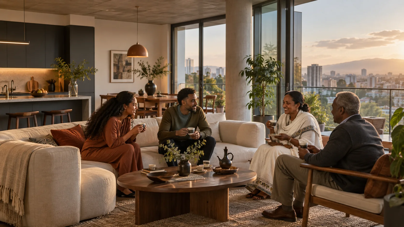 Ethiopian residents sharing coffee in a modern Hill Bottom apartment