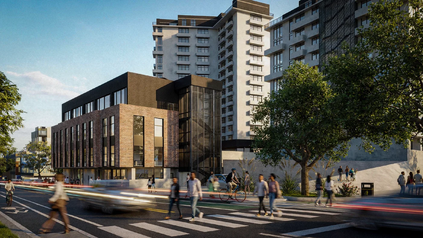 Block C — daytime street arrival