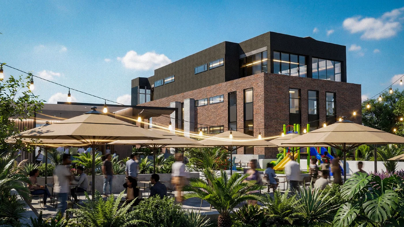 Daytime architectural render of the landscaped recreation center