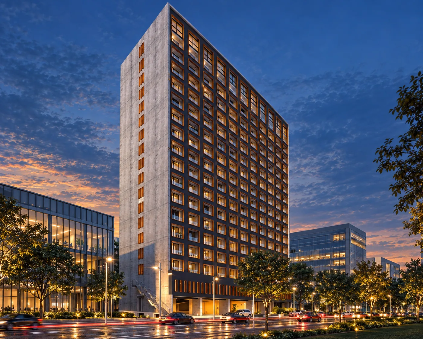 Urban Kaza tower at dusk