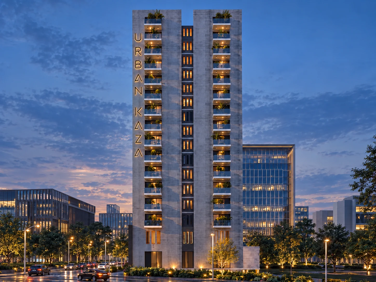 Urban Kaza twin-pillar elevation at dusk
