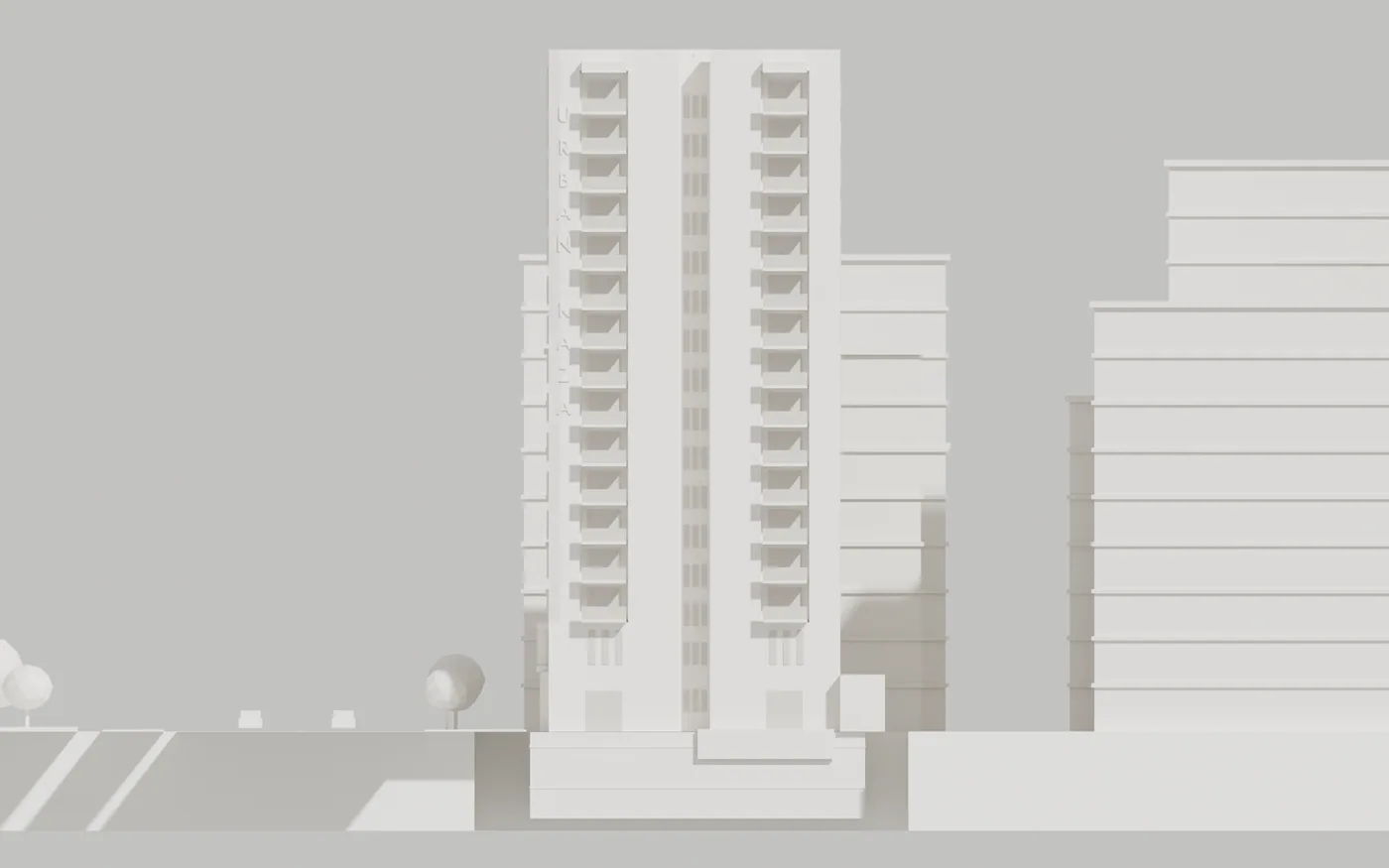 White clay orthographic elevation view of Urban Kaza in its Kazanchis block