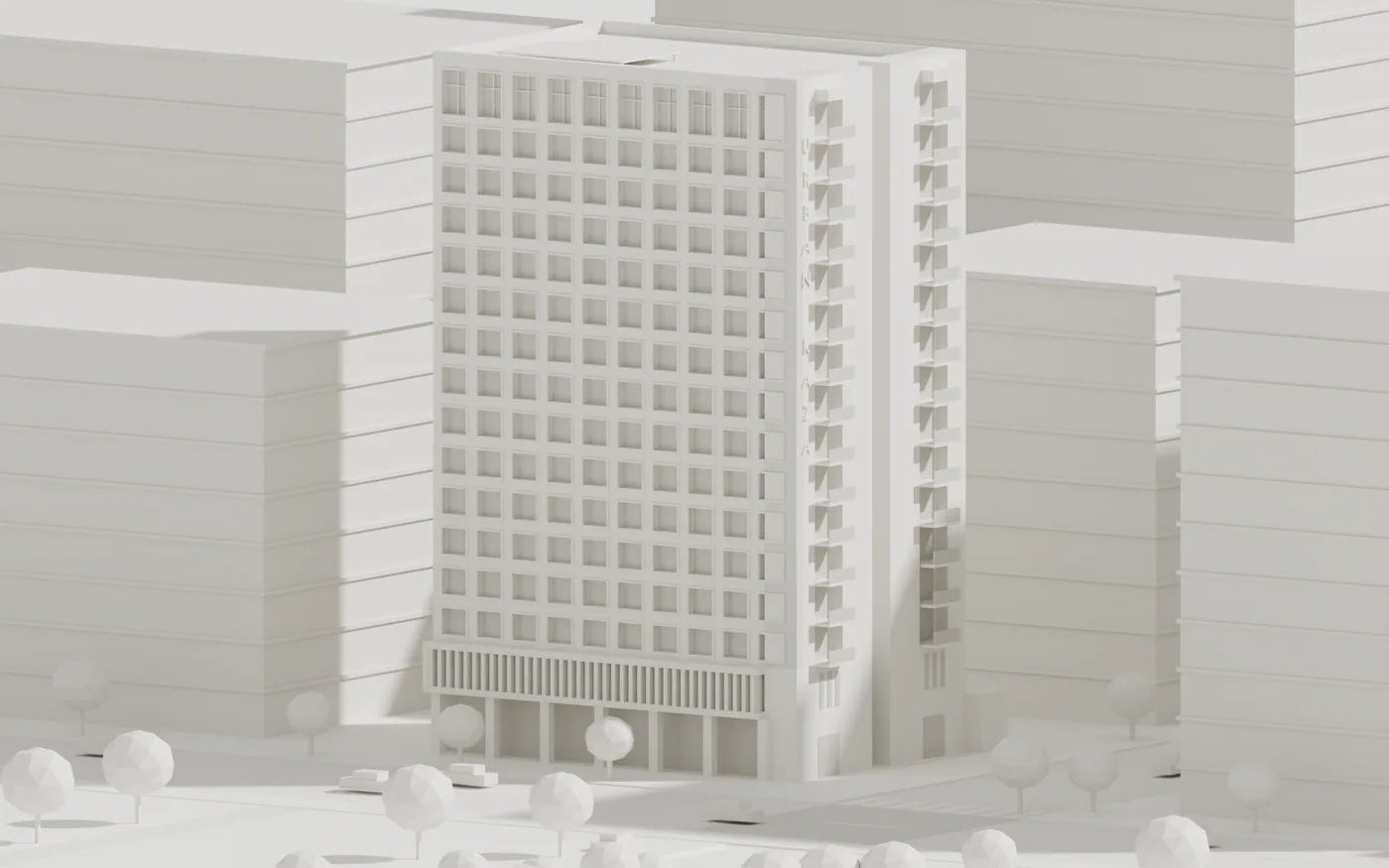 White clay orthographic low angle view of Urban Kaza in its Kazanchis block